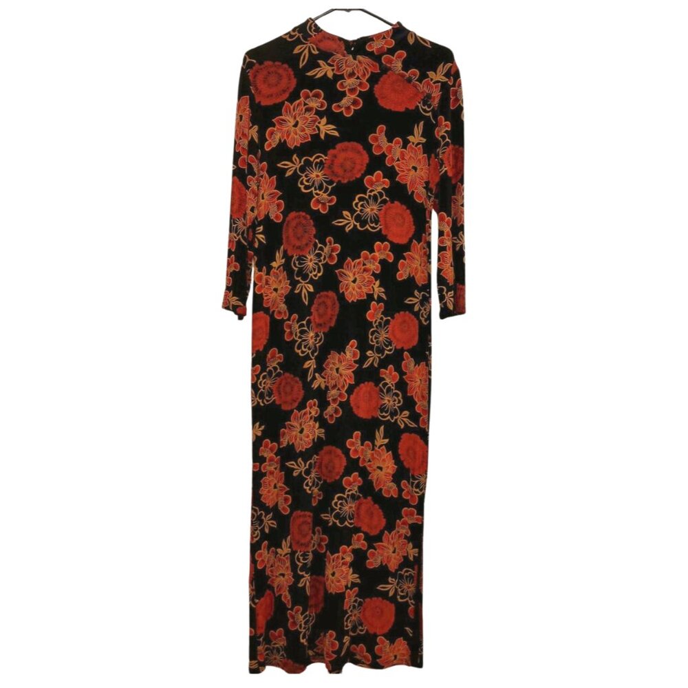 VTG Chinese Cheongsam / Qipao Inspired Long Sleeved Black Red Gold Floral Dress